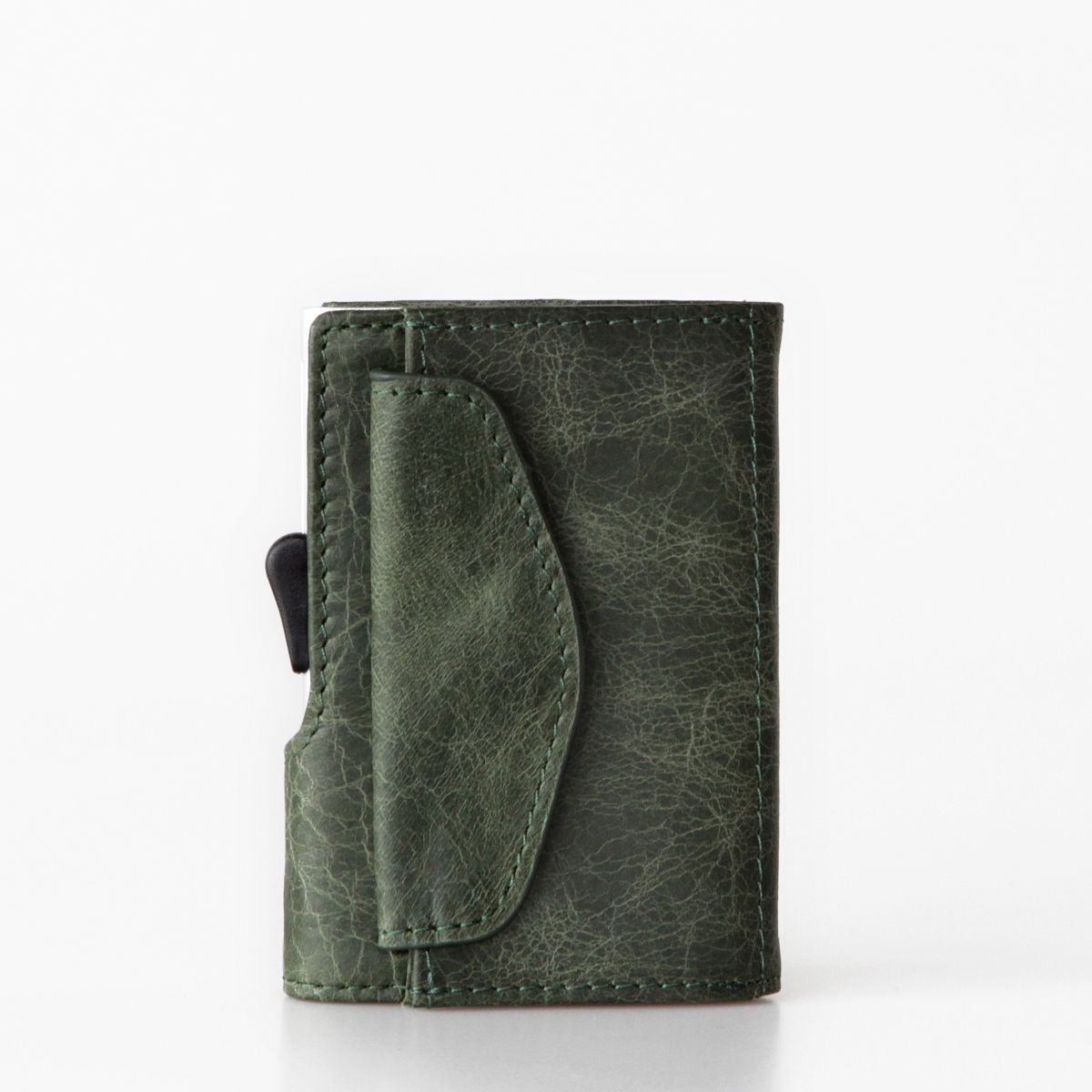 C-Secure Aluminum Card Holder with Genuine Leather and Coin Pouch - Green